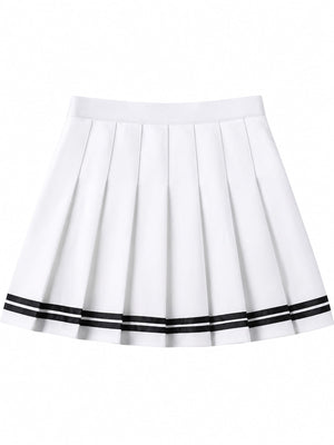 Pleated Striped High-Waist Mini Skirt in White And Black - Striped With Built-in Shorts with pleated