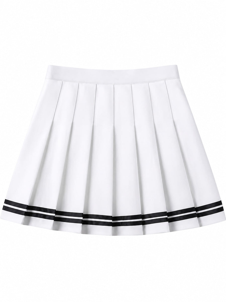 Pleated Striped High-Waist Mini Skirt in White And Black - Striped With Built-in Shorts with pleated
