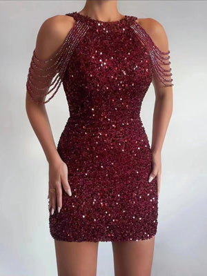 Burgundy sequin mini dress with beaded shoulder straps and bodycon fit