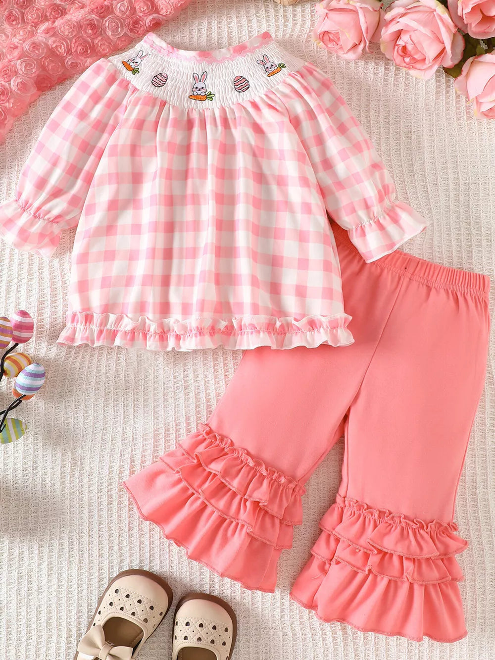 Pink Children's Plaid Smocked Long Sleeve Top And Pants Set