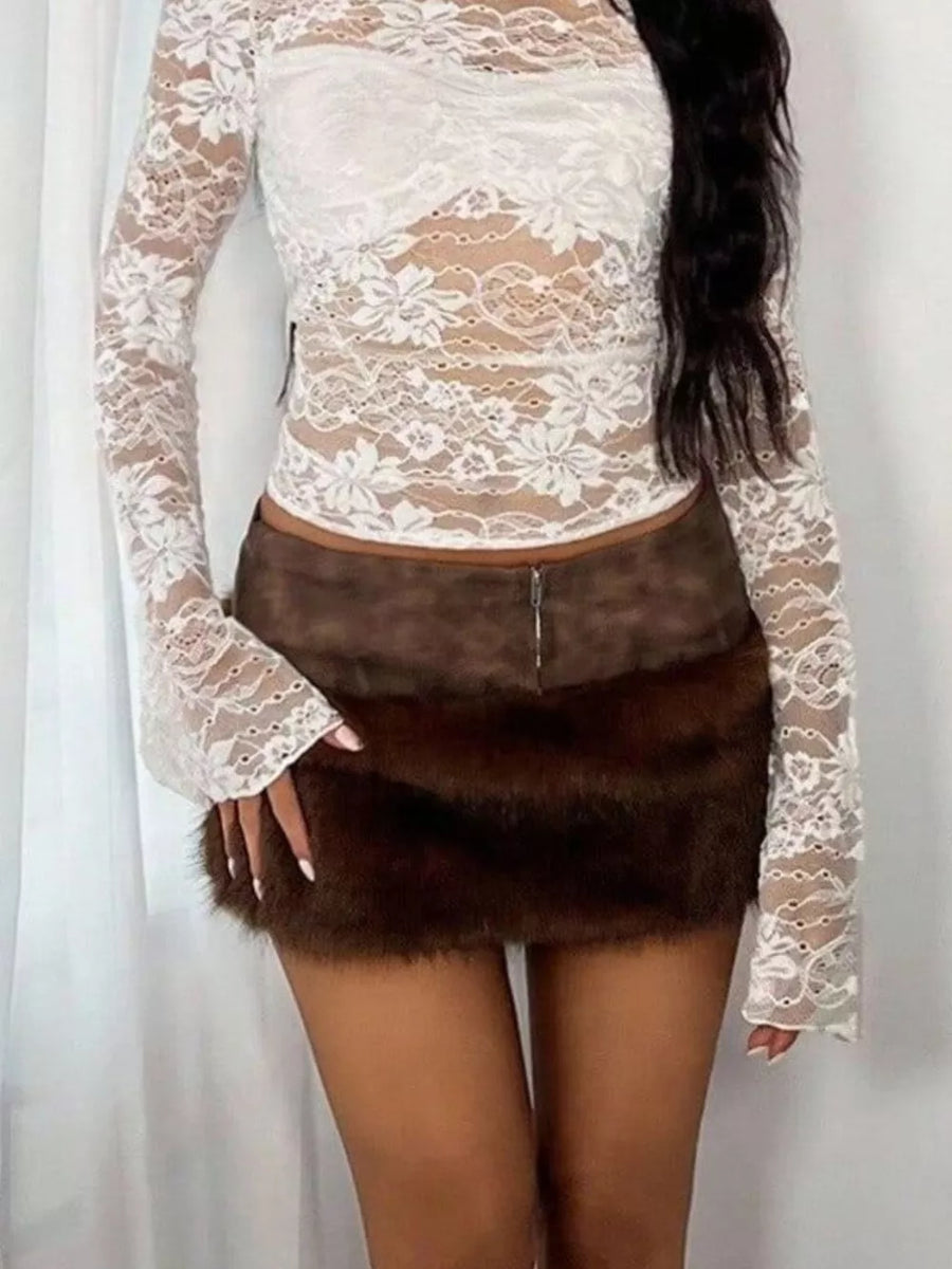 Brown with Faux Fur Trim Mini Skirt in Brown