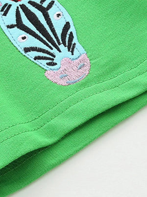 Green cotton toddler tee with embroidered blue zebra face detail.