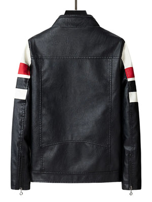 Black leather moto jacket with red, white, and black striped sleeves.