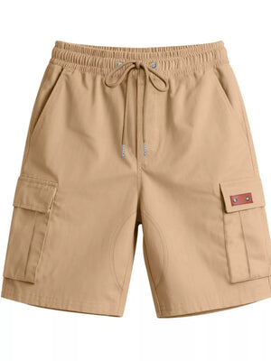 Tan adjustable cargo shorts with drawstring waist and button flap pockets.