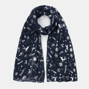 Dark navy Christmas print scarf with reindeer and snowflakes, metallic accents