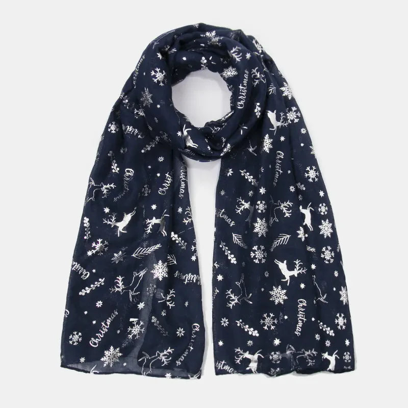 Dark navy Christmas print scarf with reindeer and snowflakes, metallic accents