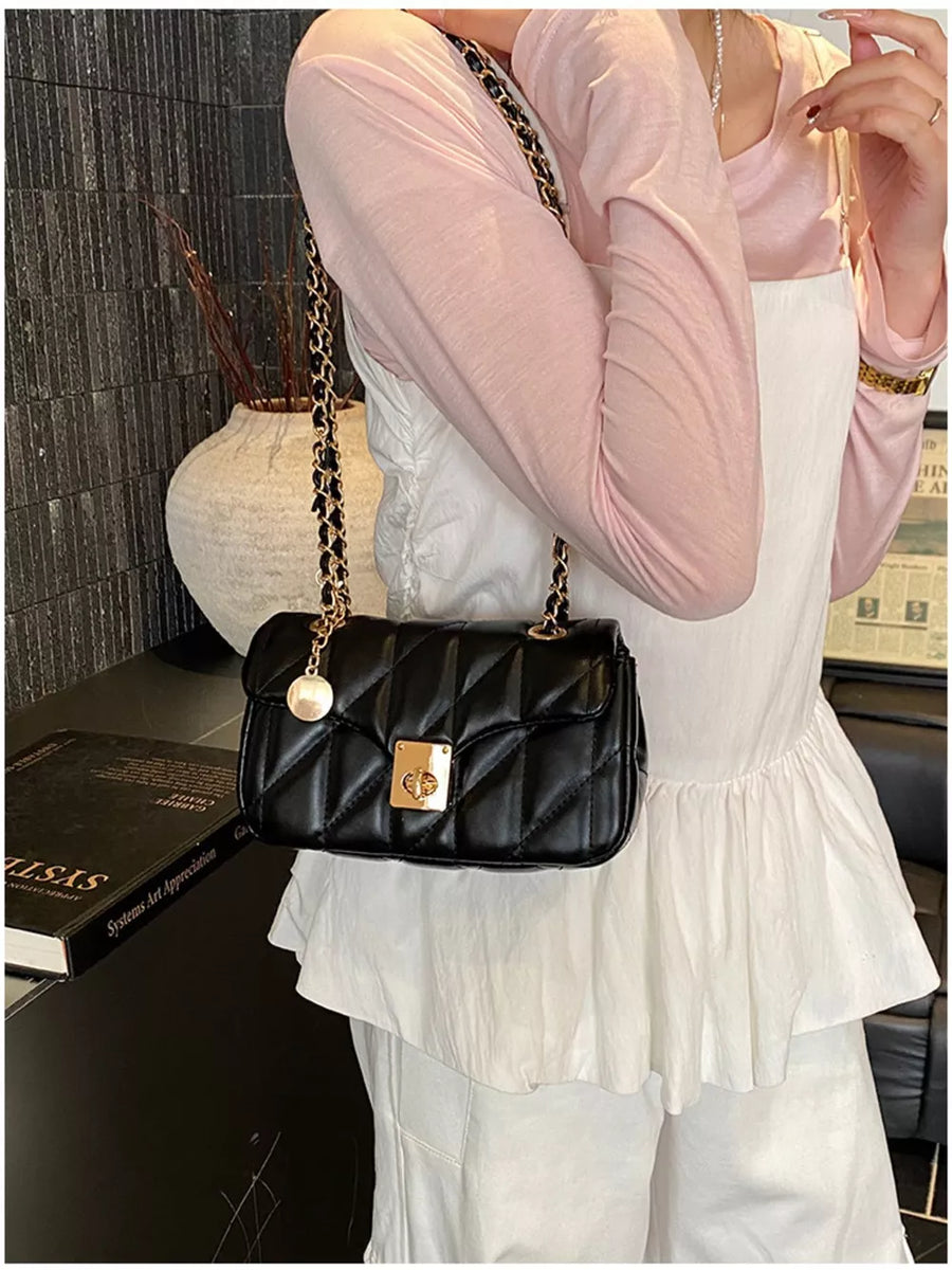 Black with Quilted Chain Shoulder Bag in Black