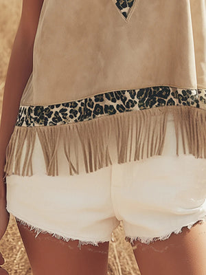 tank top in Tan with leopard-print and fringe