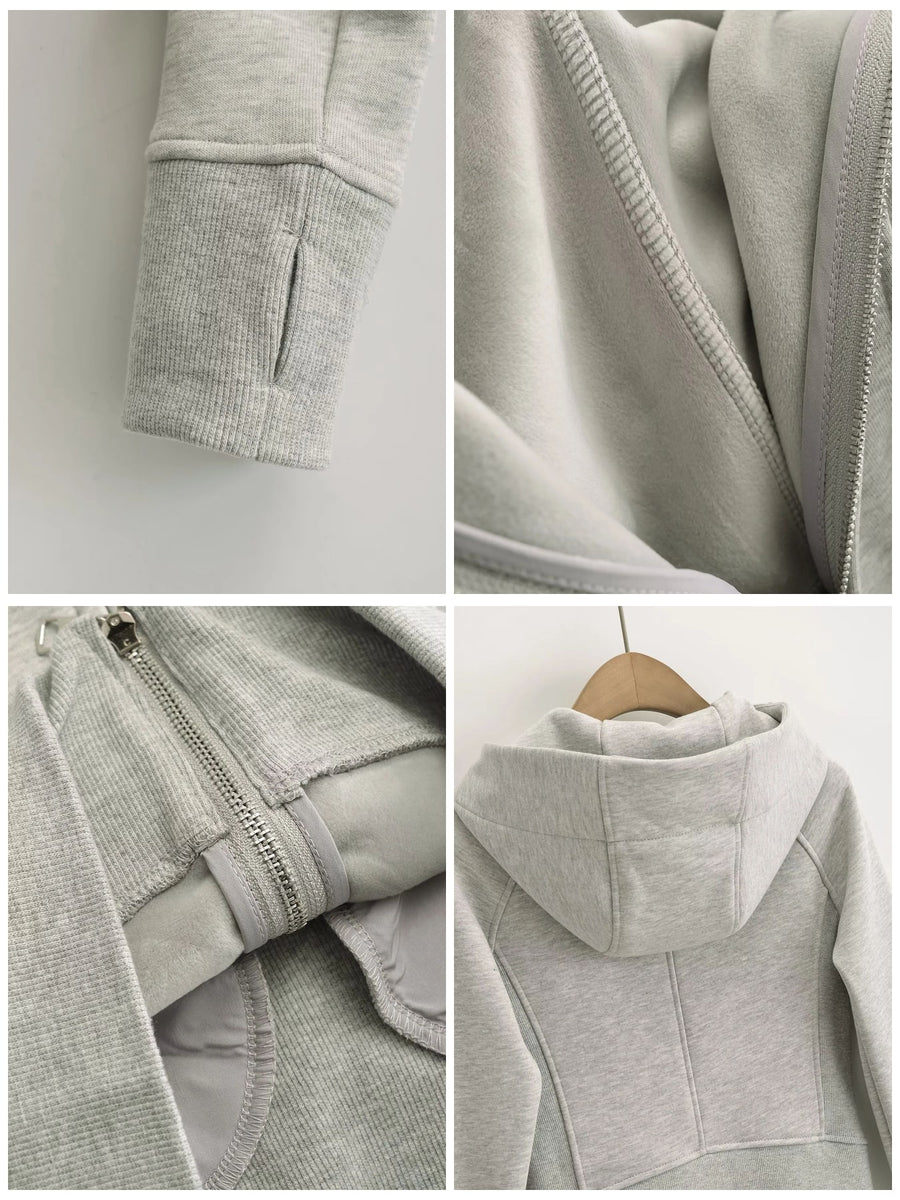Black zip hoodie with seam detail and long sleeve