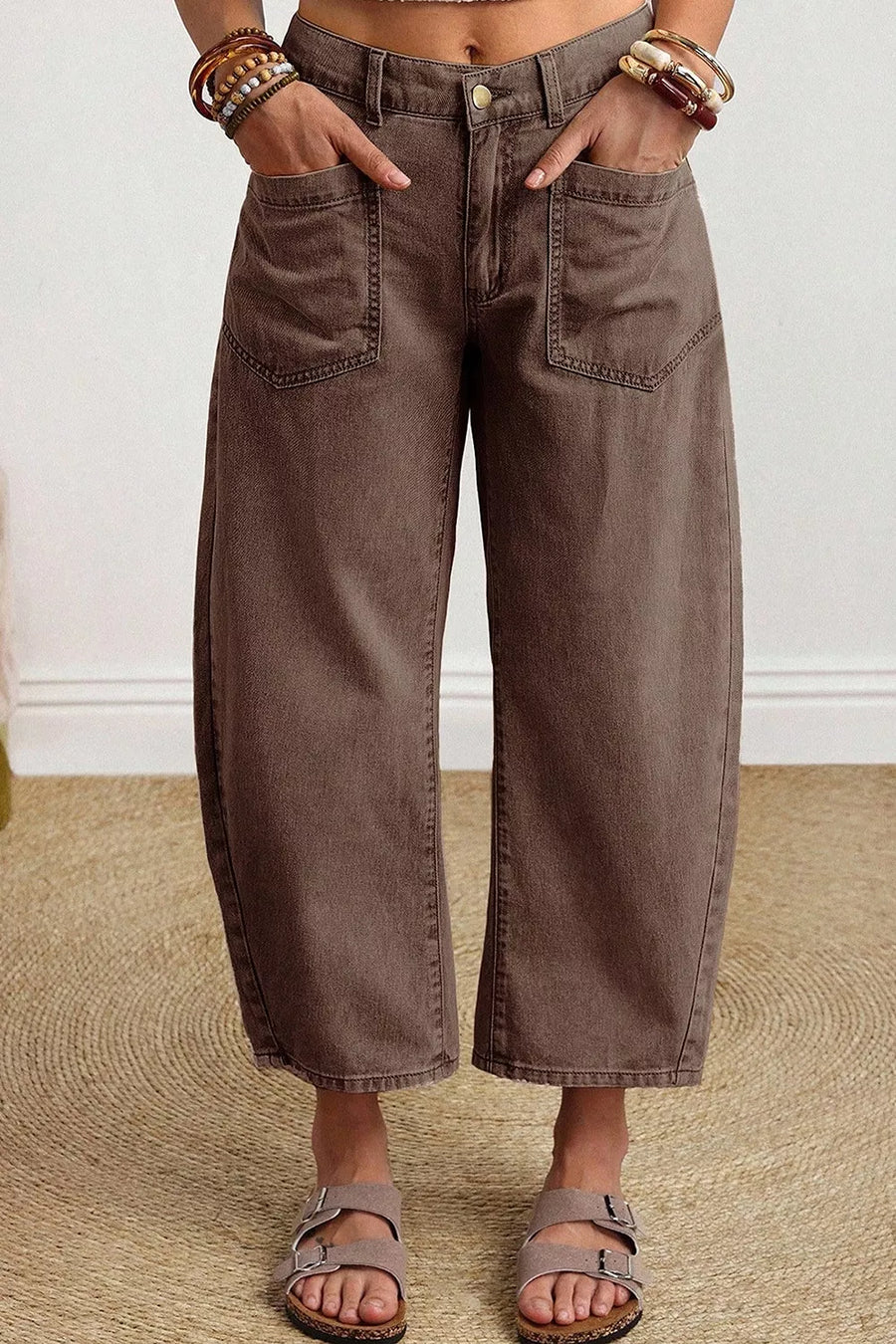 Solid Color Square Patch Pocket Barrel Jeans option 3