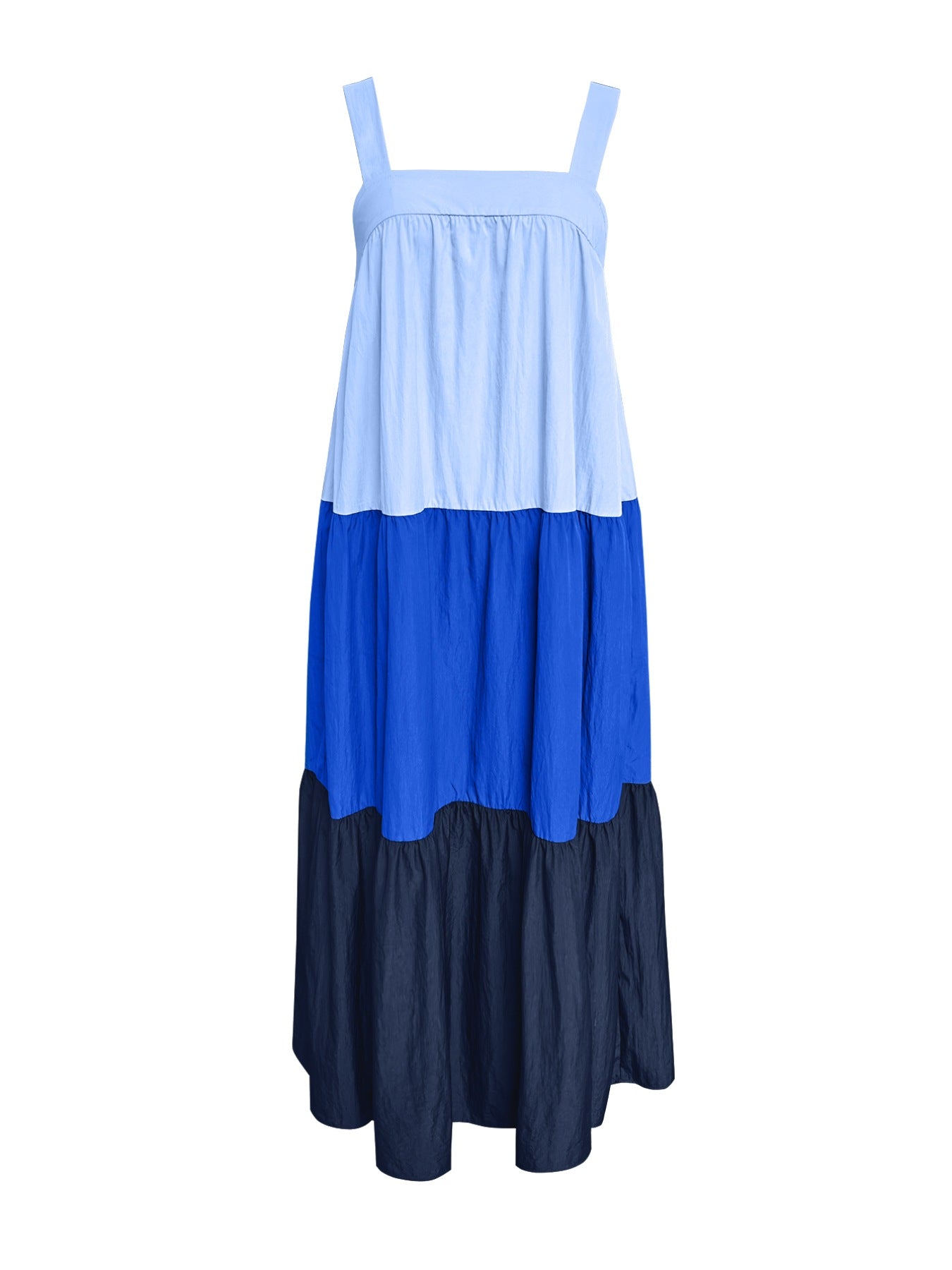 Three-tone wide strap maxi dress in blue, light blue, and navy with a tiered skirt.