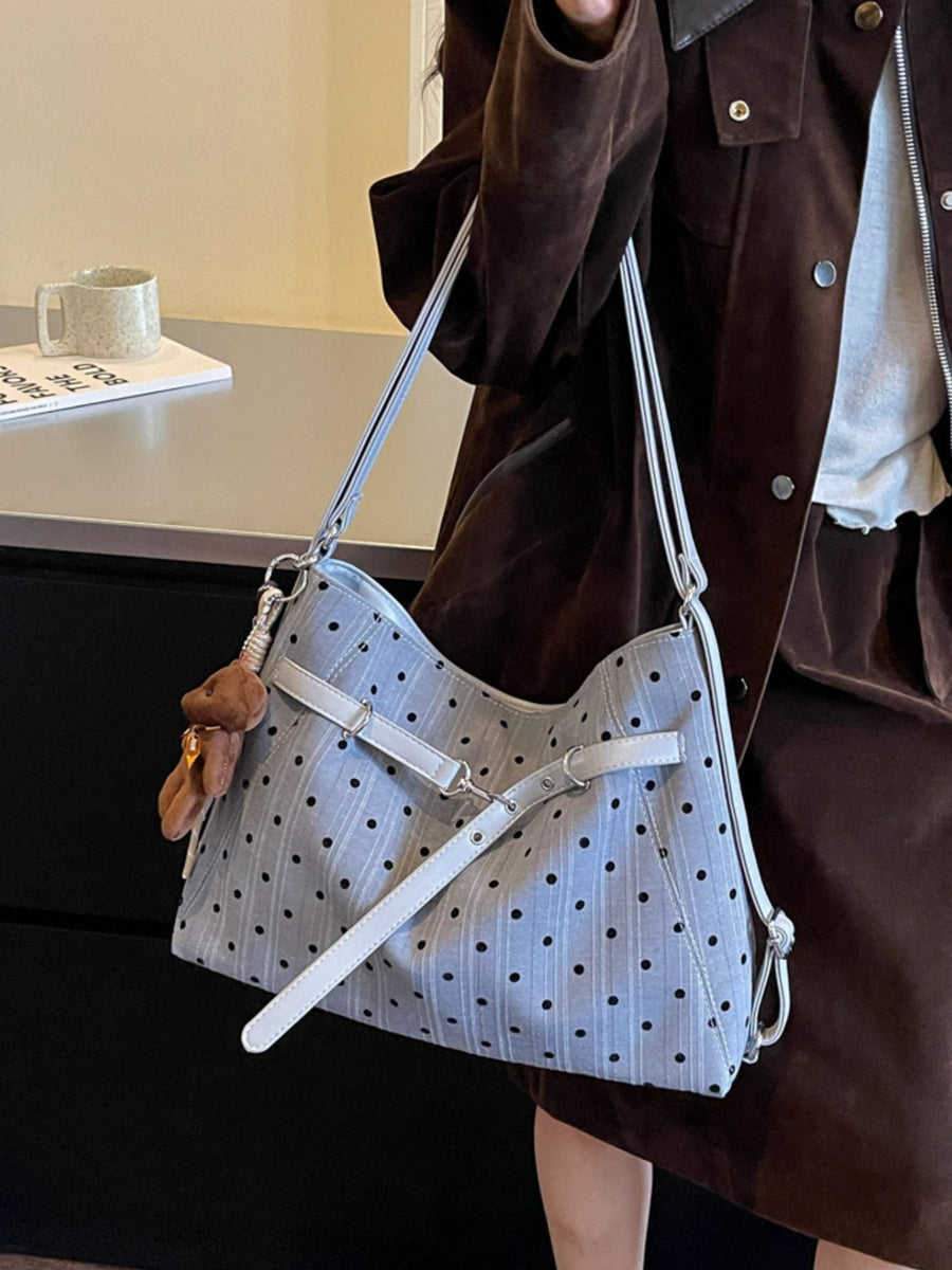Polka Dot Canvas Shoulder Bag in Light Blue with buckle straps