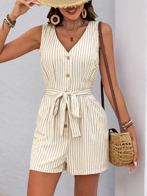 Button-front striped romper with V-neck, tie waist, and short legs in beige and white.