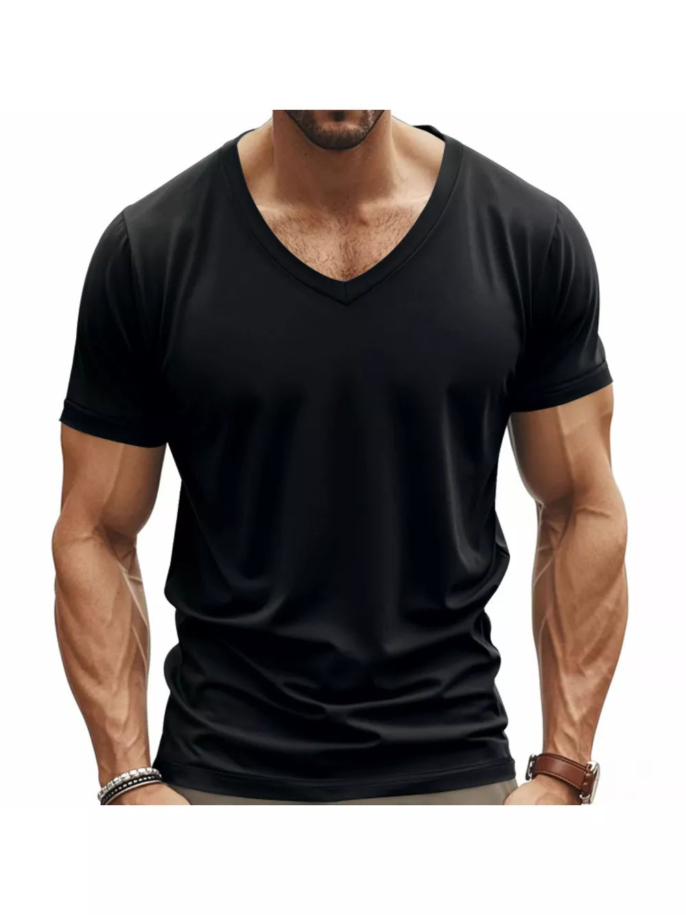 Black slim fit v-neck t-shirt with short sleeves, made of cotton.