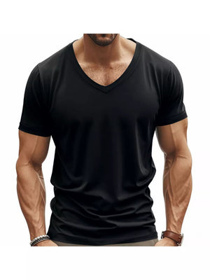 Black slim fit v-neck t-shirt with short sleeves, made of cotton.
