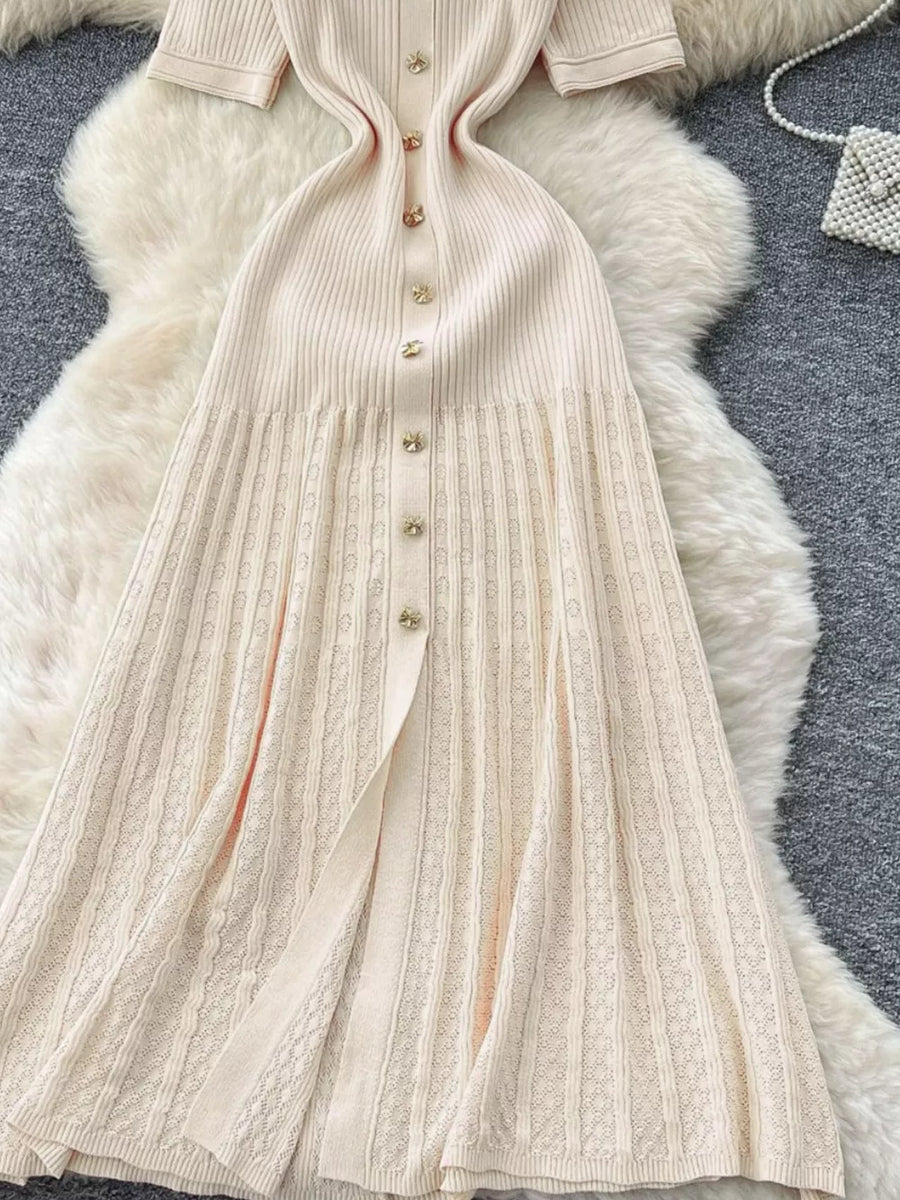 Apricot knit dress with Peter Pan collar, button front, and open knit skirt detail.