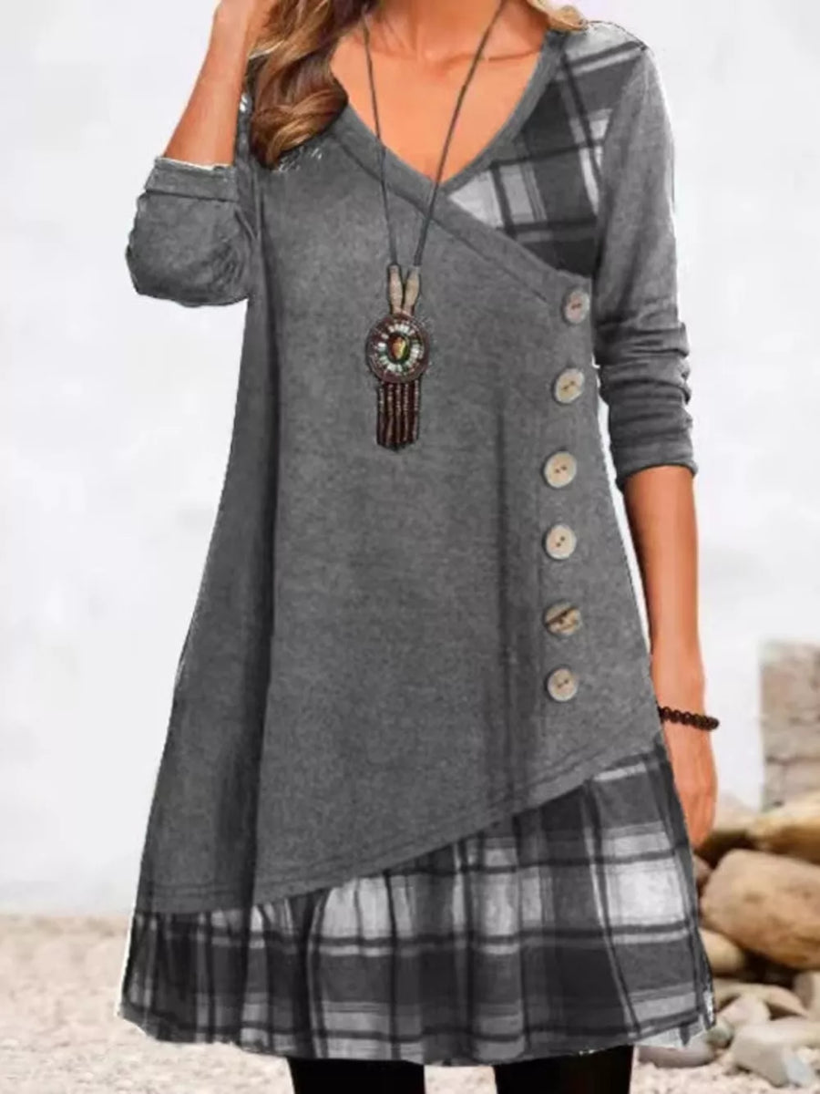 Black Asymmetrical Plaid Patchwork Long Sleeve Dress