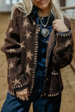 Coffee Brown Stars Pattern Colorblock Long Sleeve Cardigan