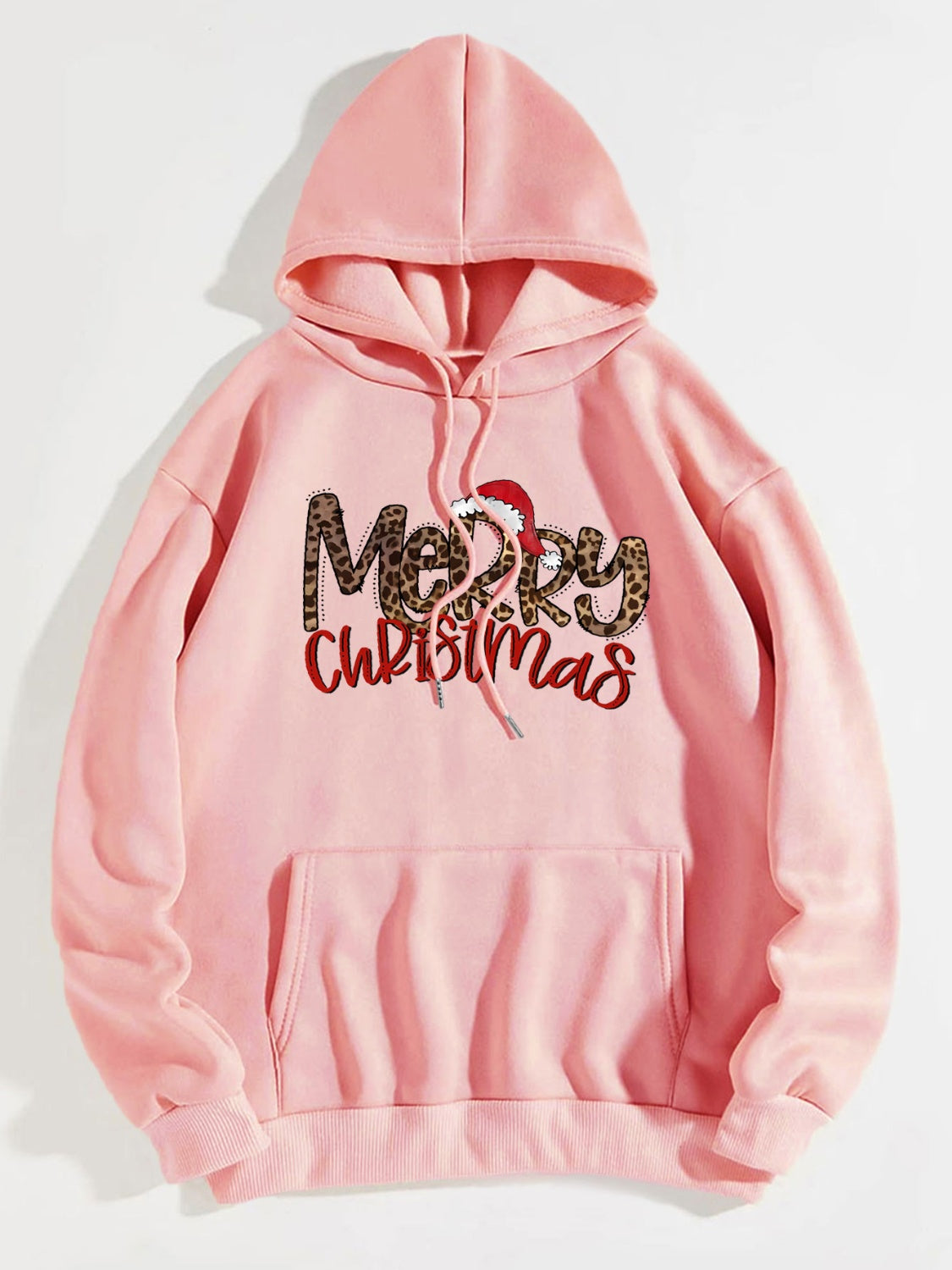 Blush pink hoodie with adjustable hood and Merry Christmas leopard print graphic