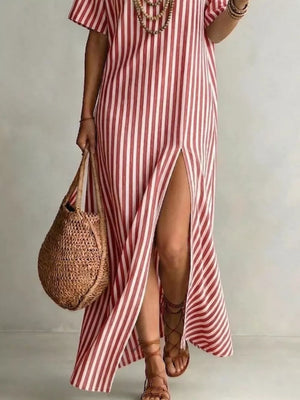 Full Size Striped Maxi Dress With Side Slit in Green