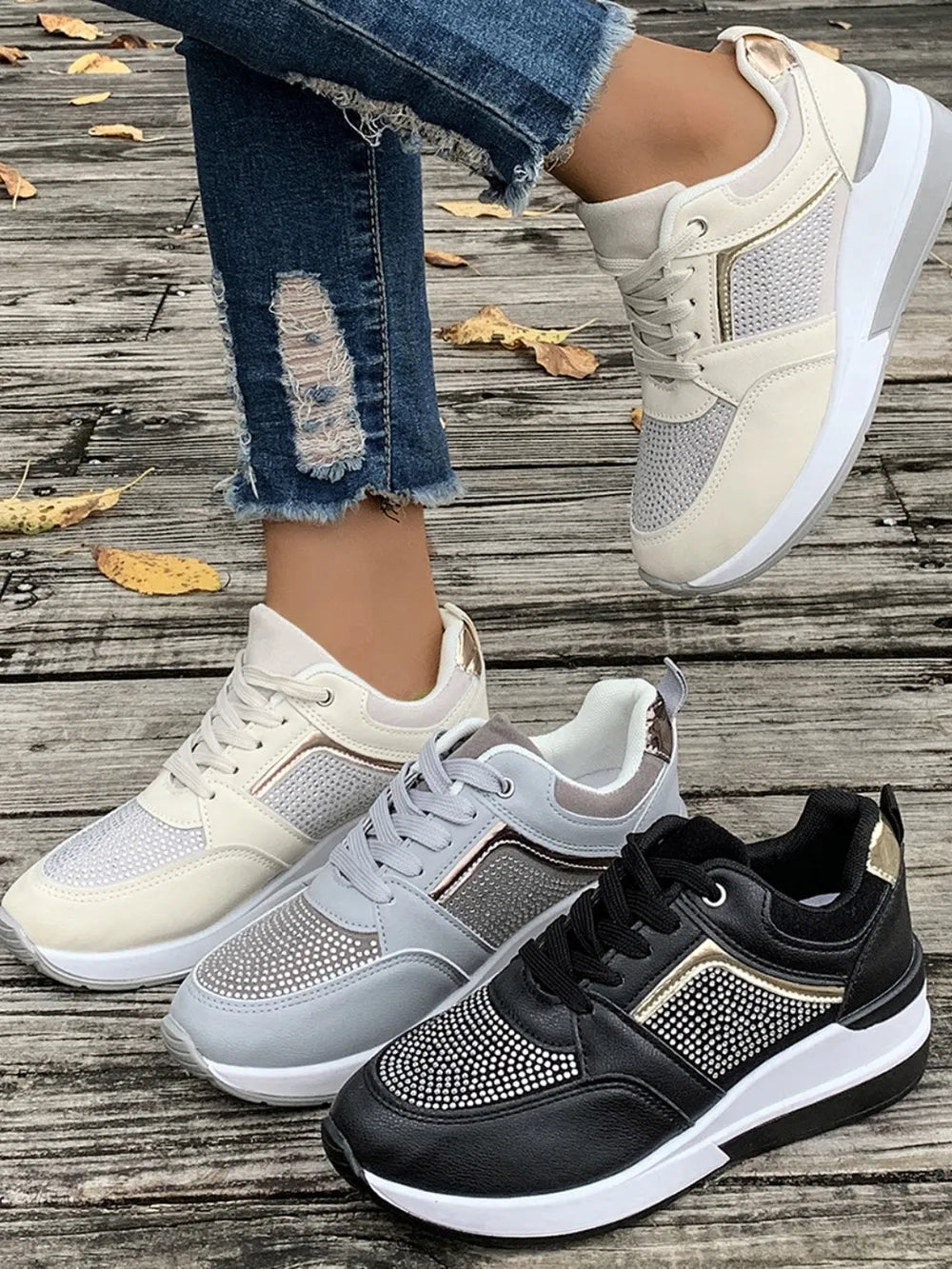 Gemstone panel platform sneakers in beige, light gray, and black with white soles.