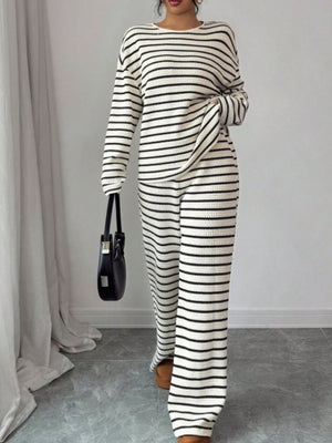 Top and Pants Set in ivory with striped and waffle-knit