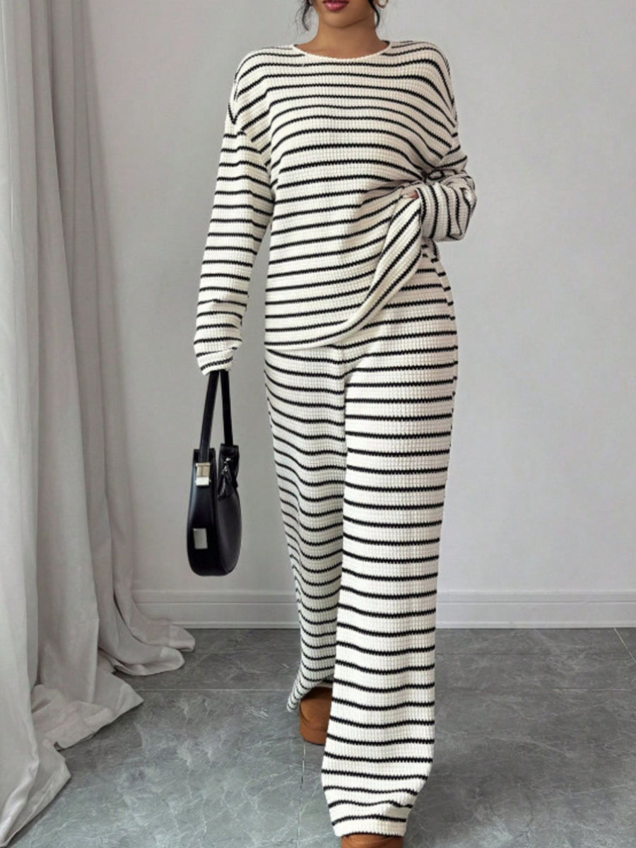 Top and Pants Set in ivory with striped and waffle-knit
