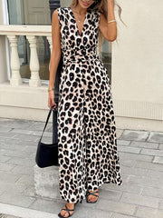 Chic sleeveless leopard print romper with V-neck and belted waist, wide leg pants.