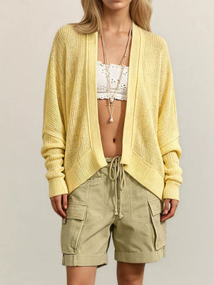cardigan in pale yellow featuring waffle-knit and relaxed fit