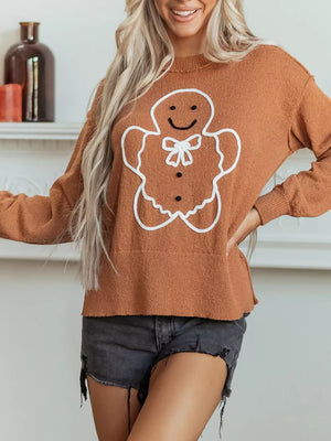 pullover sweater in Caramel with graphic-print and drop shoulder
