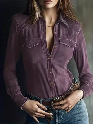 Mauve button-up shirt with hip-length and button-front
