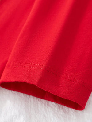 Red cotton t-shirt hem detail with double stitching