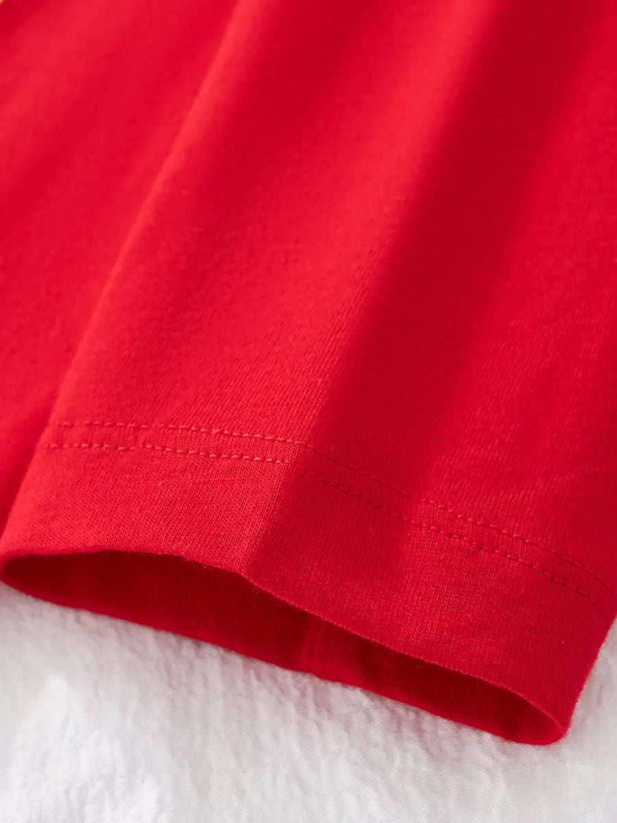 Red cotton t-shirt hem detail with double stitching