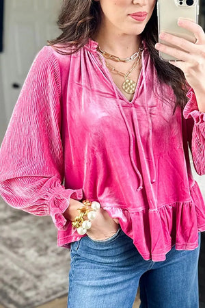 Hot Pink V Neck Velvet Ruffled Cuffs Long Sleeve Top