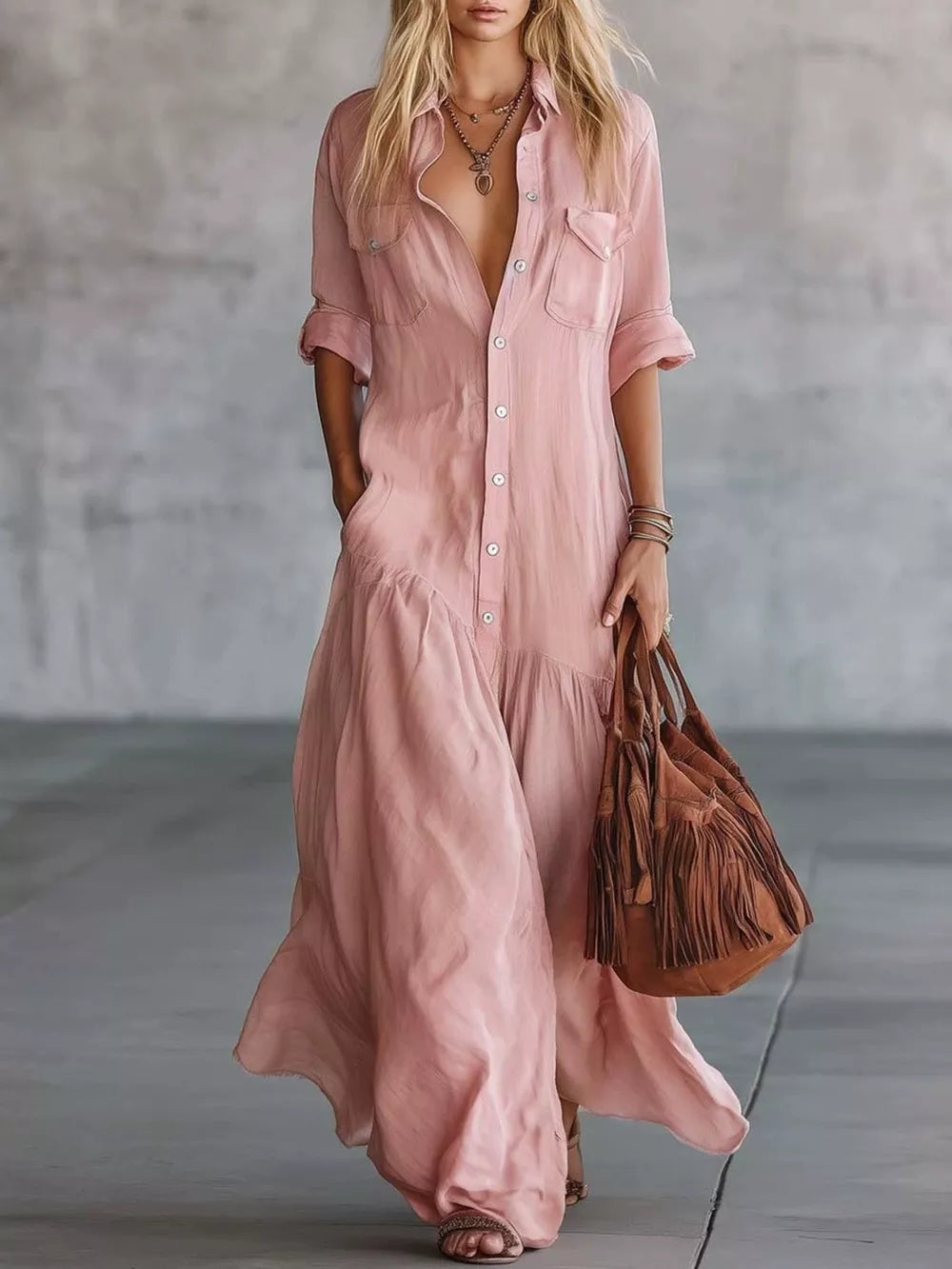 Button Front Roll-up Sleeve Maxi Dress Plus Size in Burgundy