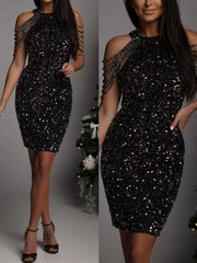 Black sequin bodycon mini dress with beaded shoulder straps.