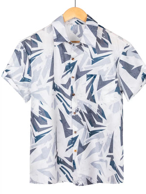 Grey button-down shirt with hip-length and button-front