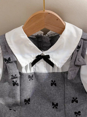 Children's Bow Print Puff Sleeve Dress in Gray