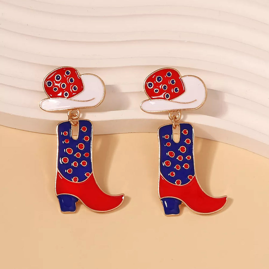 Cowgirl boot and hat dangle earrings in red, white, and blue with polka dot pattern.