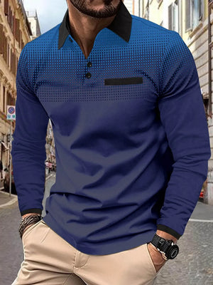 Long sleeve polo shirt with gradient dot print and black collar and pocket detail