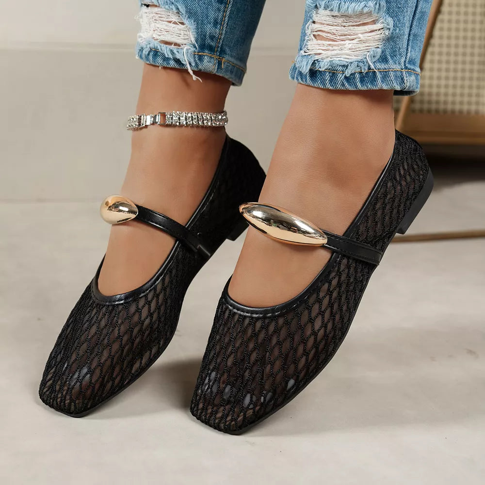 Black Square Toe Mesh Slip-on Flats