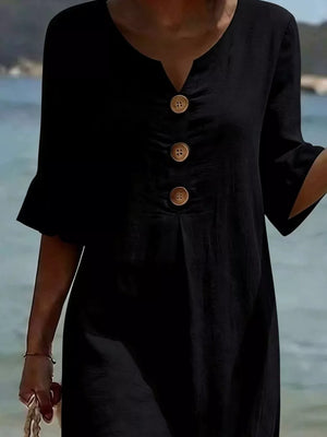 Blue Full Size Casual Button Midi Dress With Ruffle Sleeves