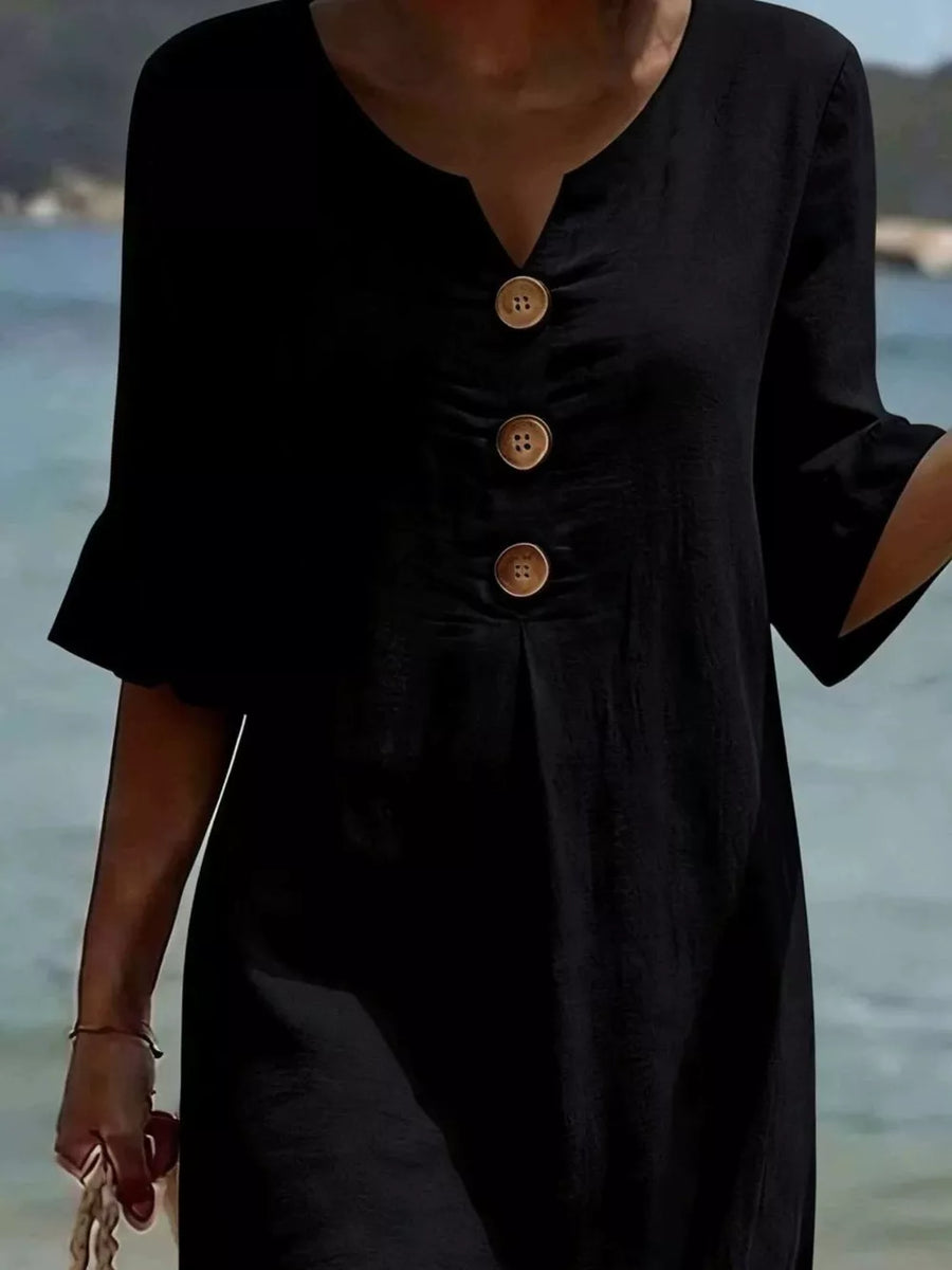 Blue Full Size Casual Button Midi Dress With Ruffle Sleeves