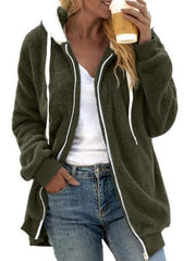 Army green fuzzy zip-up hoodie with white drawstring and white lining.