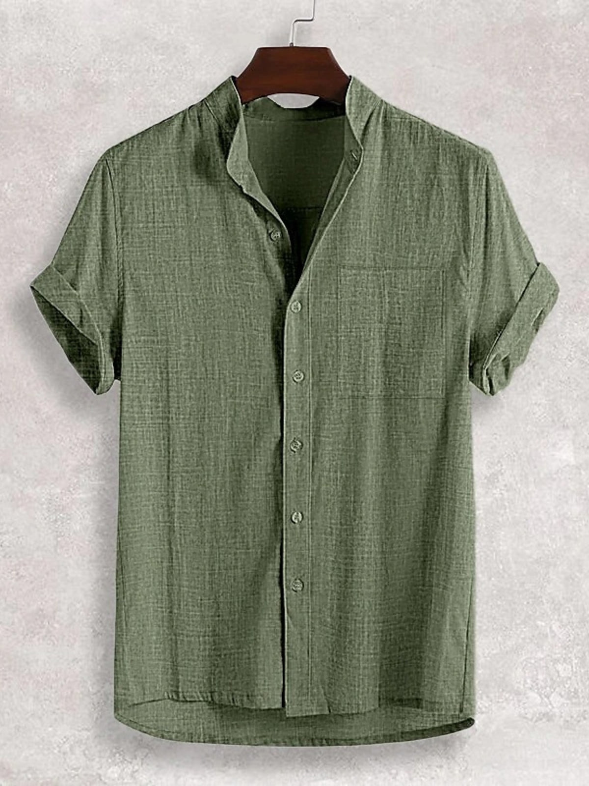 Army green textured band collar casual shirt with short sleeves and button front.