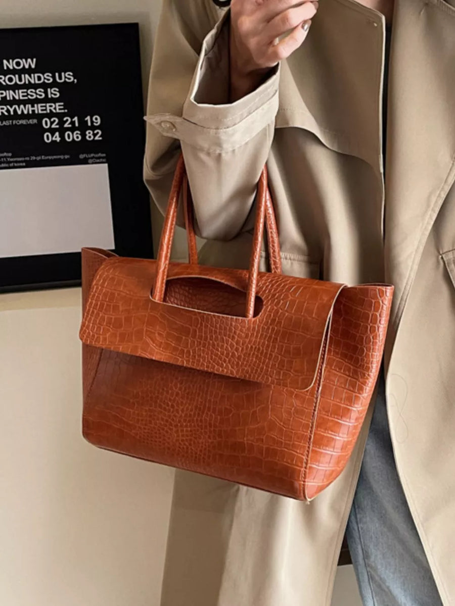 Crocodile-embossed Shoulder Bag in Brown