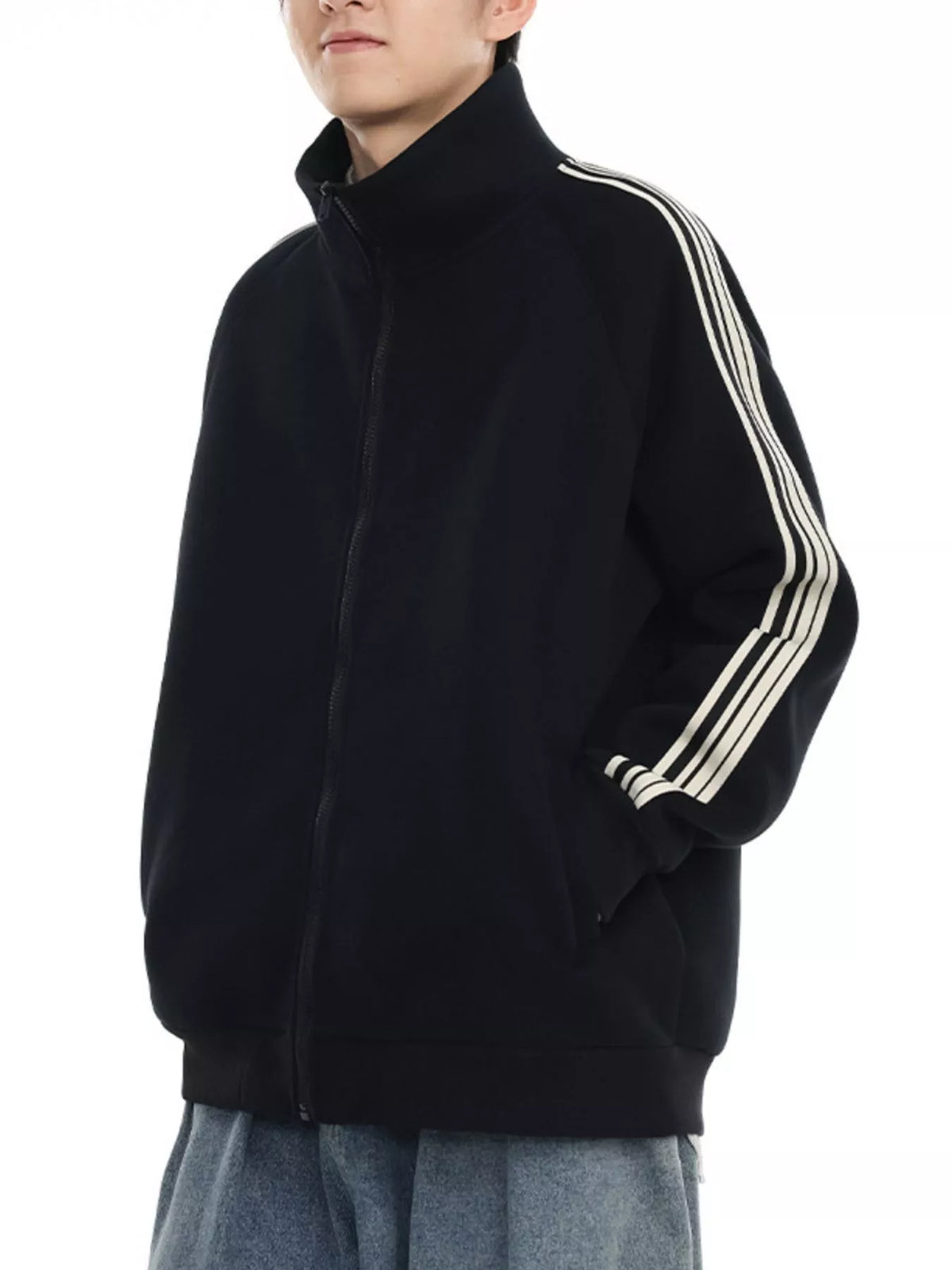 Black zip-up sweatshirt with contrast stripes on sleeves and a stand-up collar.