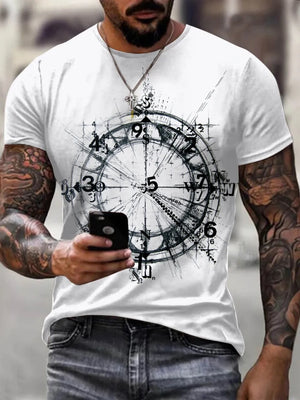 White graphic t-shirt with artistic compass design and short sleeves.