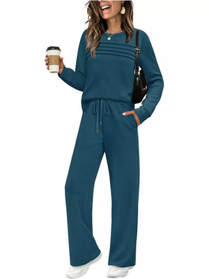 Casual Long Sleeve Crewneck Top & Drawstring Pants Set in Black