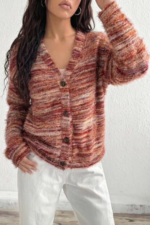 Rust with Fuzzy Striped Button Front Cardigan Sweater
